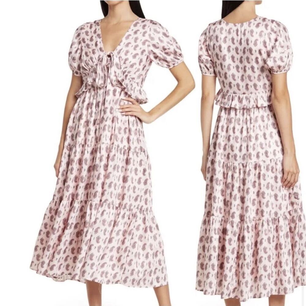 NWT Maisie Pink Paisley Tiered Puff Shoulder Midi Dress